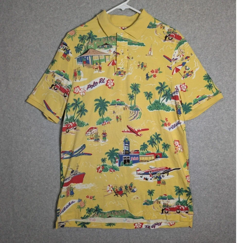 Polo Ralph Lauren Polo Shirt Mens Large Yellow Hawaiian Aloha Bear Preppy Resort